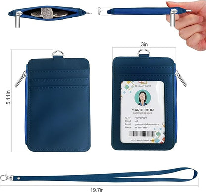 bolimoss 2-in-1 ID Badge Holder & Lanyard Wallet, Leather ID Badge Card Holder Wallet with 5 Card Slots, 1 Side Zipper Pocket,Detachable Keychain Lanyards for Office Worker School Teacher, Navy Blue