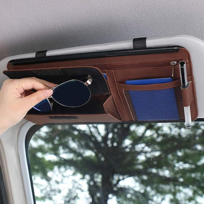 Car Sun Visor Multi-Pocket Net Zipper Organizer Auto Interior Accessories Pocket Organizer Storage Pouch Holder for Card License Pen Glasses (Brown)