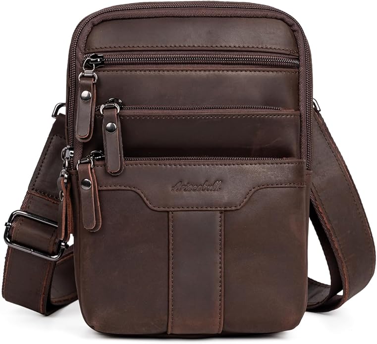 Leather Messenger Bag for Men, Small Leather Sling Shoulder Bag Messenger Pack for Men, Man Purse