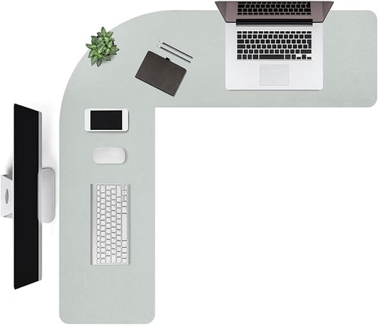 Liveinu L Shaped Gaming Desk Mat Mouse Pad, PU Leather Corner Desk Mat Blotter, Waterproof Desktop Protector for Computer Keyboard Home Office, Light Grey, 62.8"x24"x16"