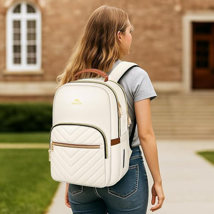 MATEIN Lightweight Quilted Laptop Backpack for Women, 15.6 Inch Slim Design Laptop Backpack with Leather Handles, Fashion Teacher Nurse Bag, Perfect for Work and Commute, Beige