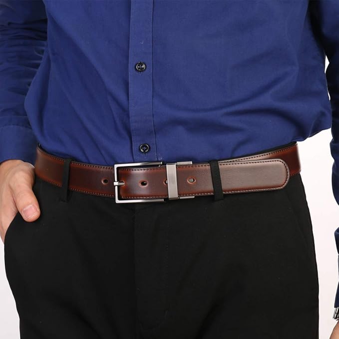 beltox fine Men's Dress Belt Leather Reversible 1.25" Wide Rotated Buckle Gift Box