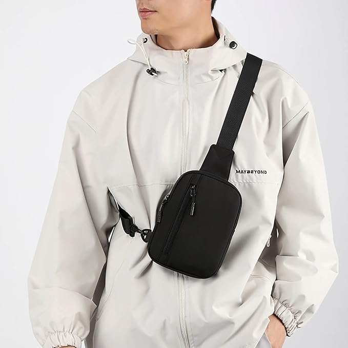 Mini Sling Bag for Men Small Crossbody Bag Dual Pocket Water Resistant Small Chest Bags for Travel Running Phone Holder (Black)
