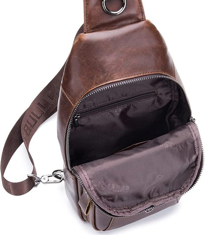 Hebetag Leather Sling Bag Crossbody Backpack for Men Women Outdoor Travel Work Shoulder Chest Pouch Camping Casual Daypack Coffee 18cm(W) x8cm(D) x30cm(H)(7.08"x3.14"x11.81") approx;
