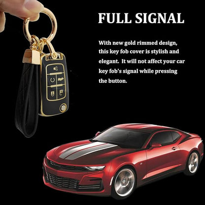 TPU Protective Key Fob Cover Case Compatible with 2010-2019 Chevy Equinox,2011-2016 Cruze Malibu Camaro Trax Impala Sonic Buick Lacrosse Regal Verano Trunk GMC Keyless Entry Key Fob (Black)