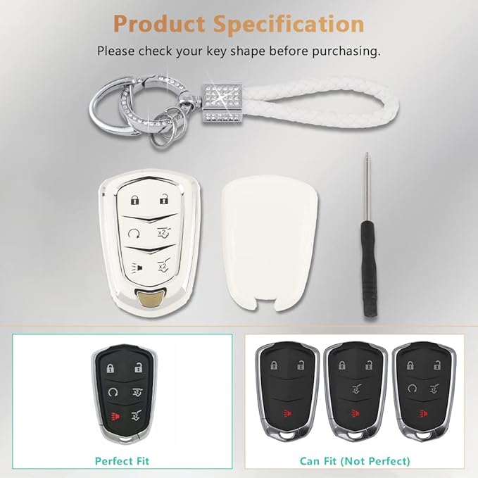PIFOOG Escalade Key Fob Cover for Cadillac 6 Button Smart Keys Case Proector Accessories TPU Soft Bling Keychain White Silver Girly Cute for Cadillac Escalade ESV 2015-2020