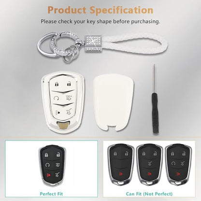 PIFOOG Escalade Key Fob Cover for Cadillac 6 Button Smart Keys Case Proector Accessories TPU Soft Bling Keychain White Silver Girly Cute for Cadillac Escalade ESV 2015-2020