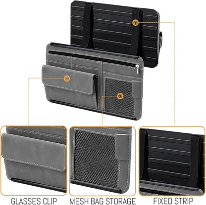 Car Sun Visor Organizer, Leather Vehicle Visor Card License Storage Pouch with Glasses Holder, Multifunctional Auto Interior Sunshade Document Pocket Organizer, Universal for Vehicles (Gray)