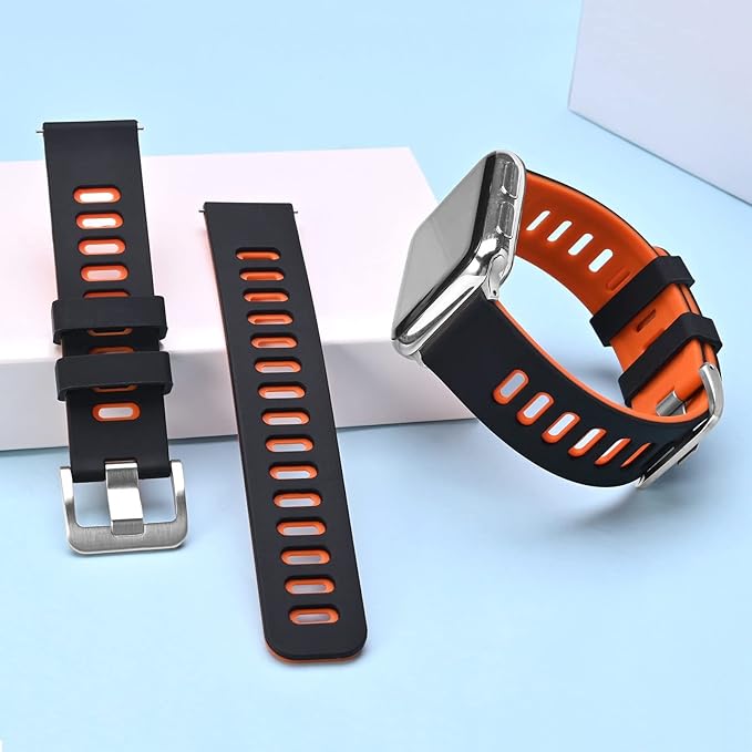 WOCCI 18mm Bicolor Watch Band, Silicone Rubber, Quick Release Replacement Strap for Men and Women, Silver Stainless Steel Buckle (Black-Orange)