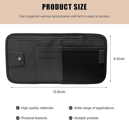 Car Sun Visor Organizer, PU Leather Multi-Pocket Visor Storage Pouch with Zipper, Auto Interior Document Holder Sunvisor Card Sleeve Pocket Organizer for Driving License Pen Key (Black)