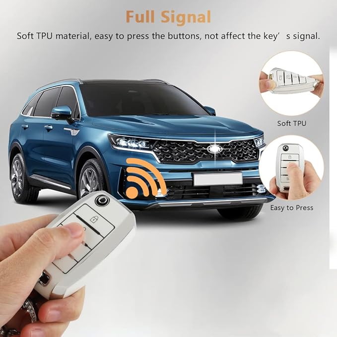 PIFOOG for Kia Key Fob Cover TPU White Silver 4 Buttons Keys Case Shell Protector Bling Keychain for Kia Sorento Optima Soul Sportage Niro Forte Rio Accessories Girly Women Men