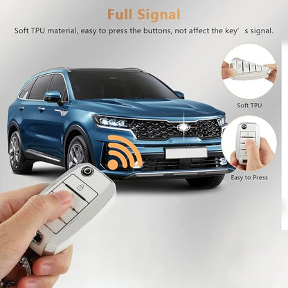 PIFOOG for Kia Key Fob Cover TPU White Silver 4 Buttons Keys Case Shell Protector Bling Keychain for Kia Sorento Optima Soul Sportage Niro Forte Rio Accessories Girly Women Men