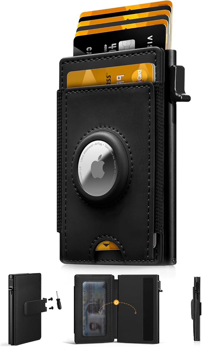 iwantit Slim Airtag Wallet for Men: Pop Up Bifold Wallet with Detachable Money Clip ID Window for Air Tag(1st & 2nd Generation) - RFID Blocking for 8-10 Cards Cash - Gift Box Included (Black)