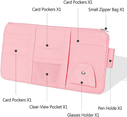 Car Sun Visor Organizer, 1 Pack Sunglasses Holder for Car Sun Visor, Auto Interior Accessories Pocket Organizers Can Store Sunglasses, Documents, Cards, Pen, Drivers License (Pink)