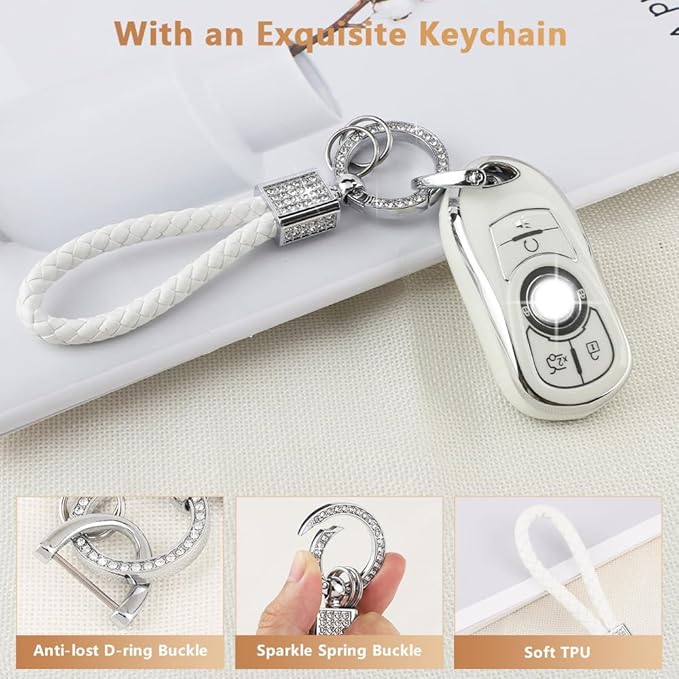 PIFOOG White Key Fob Cover for Buick 6 Buttons Car Keys Shell Case Protector Soft TPU Bling Keychain for Buick Enclave Encore LaCrosse Regal Envision Accessories Girly Women