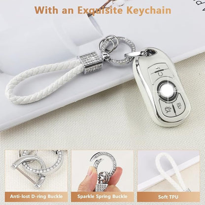 PIFOOG White Key Fob Cover for Buick 6 Buttons Car Keys Shell Case Protector Soft TPU Bling Keychain for Buick Enclave Encore LaCrosse Regal Envision Accessories Girly Women