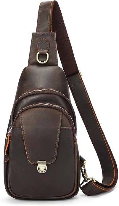 NIUCUNZH Genuine Leather Sling Bag Front Metal-Latch Crossbody Bags Handmade Vintage Chest Shoulder Backpack for Women Men