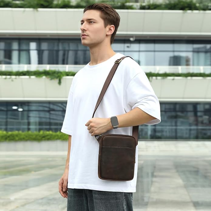 NIUCUNZH Man Purses and Bags Small, Mini Genuine Leather Messenger and Shoulder Bag for Men with lots of Zipper Pockets