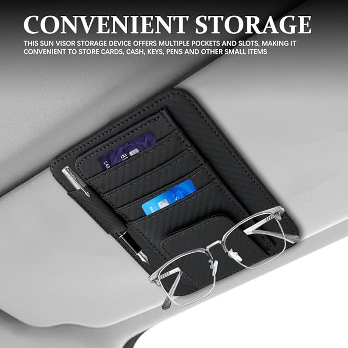 Small Leather Sun Visor Organizer, Visor Accessories, Multi-Pocket Sunvisor Storage with Sunglass Holder, Car Organizer for Drving License Card Pen Fits Most Vehicles (Carbon Fiber Black)