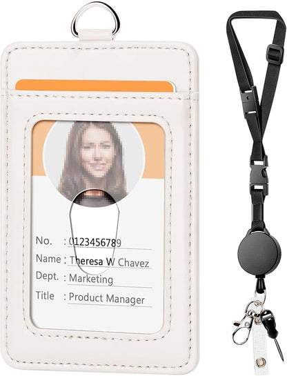 Leather Badge Holder and Adjustable Retractable Lanyards, Quick Release Buckle and Safety Breakaway Lanyards with Swivel Metal Clasp for Offices, Staff, Students, Employees