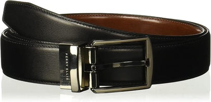 Perry Ellis Men's Portfolio Hi-lo Reversible Leather Dress Belt, Matte Finish, Stitched Edges Silver Prong Buckle, 1.5” Width