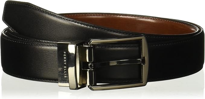 Perry Ellis Men's Portfolio Hi-lo Reversible Leather Dress Belt, Matte Finish, Stitched Edges Silver Prong Buckle, 1.5” Width
