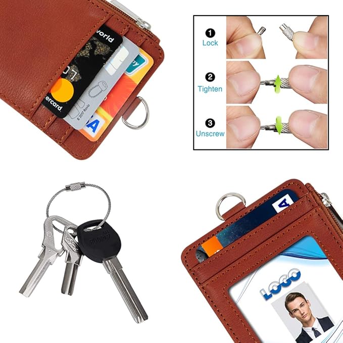 Badge Holder with Zipper, Life-Mate PU Leather ID Badge Card Holder Wallet Case with 5 Card Slots Zipper Pocket 19" Polyester Neck Lanyard Heavy Duty Metal Retractable Badge Reel (tan)