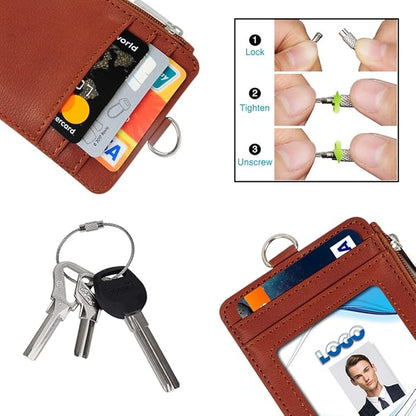 Badge Holder with Zipper, Life-Mate PU Leather ID Badge Card Holder Wallet Case with 5 Card Slots Zipper Pocket 19" Polyester Neck Lanyard Heavy Duty Metal Retractable Badge Reel (tan)