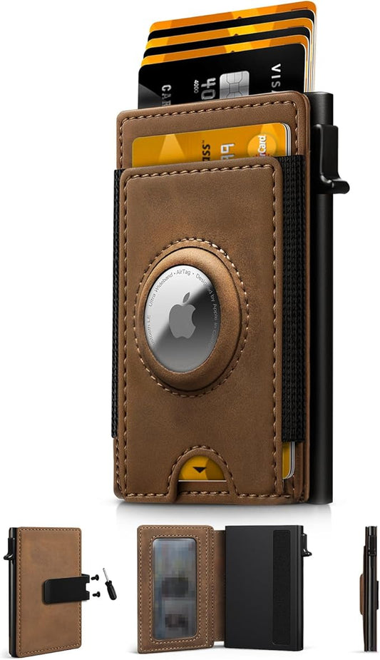 IW Slim Airtag Wallet for Men: Pop Up Bifold Wallet with Detachable Money Clip ID Window for Air Tag(1st & 2nd Generation) - RFID Blocking for 8-10 Cards Cash - Gift Box Included (Light Brown)