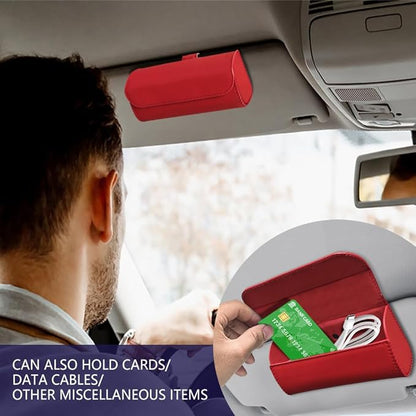 Sunglasses Holder for Car Sun Visor, Sunglass Organizer for Car, Magnetic Leather Eyeglasses Protective Storage Case, Waterproof Glasses Organizer Visor Accessories for Vehicles (Red)