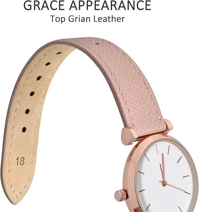 WOCCI 12mm Grace Watch Band for Ladies, Top Grain Leather, Quick Release Replacement Strap with Gold Buckle (Retro Pink)