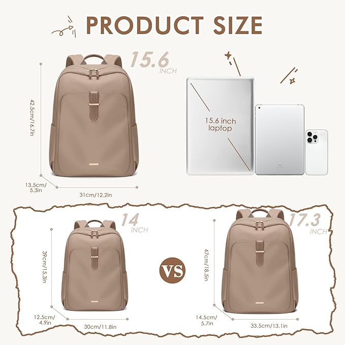 Laptop Backpack for Women,Casual Work Business Backpacks Purse Carry on Travel Backpack,15.6 Inch,Champagne Brown