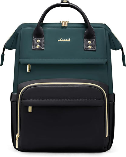 LOVEVOOK Leather Backpacks for Women,15.6 inch Leather Laptop Backpack Women,Professional Work Backpack Nurse College Teacher Bag,Womens Laptop Computer Travel Backpacks Purse,Dark Blue-green-Black