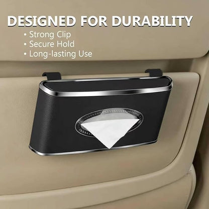 Leather Car Tissue Box for Car Interior, Multi-Function Tissue Holder with Visor Clip, Armrest & Back Seat Napkin Organizer, Vehicle Tissue Dispenser Accessories (Black Hanging)
