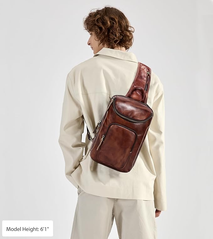 LANNSYNE Vintage Full Grain Leather Sling Bag Crossbody Chest Daypack | Vintage, Full Grain, Leather, Chest