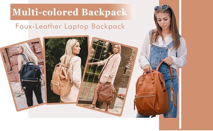 Kah&Kee Leather Laptop Backpack for Women, 14-15 Inch Professional Work Bag, Water-Resistant Vegan Leather Doctor Bag Backpack for Teacher, Nurse & Travel, Fits MacBook Air 15 (Black,Medium)