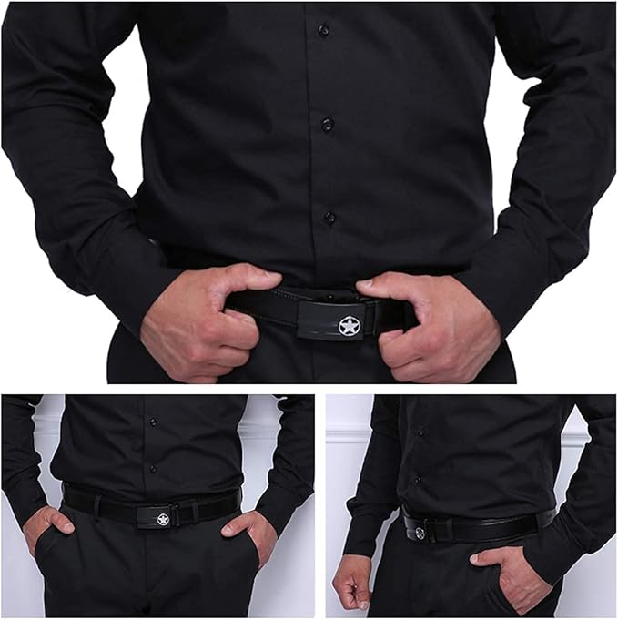 JINIU Men's Ratchet Belt Buckle, Black Genuine Leather Slide Belt for Men Dress Suit, Micro Adjustable Trim to Fit Boxed