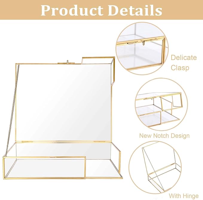 Hipiwe Gold Glass Photo Box - Large Vintage Photo Storage Organizer Box Trinket Jewelry Display Organizer Keepsake Boxes Case Home Decor