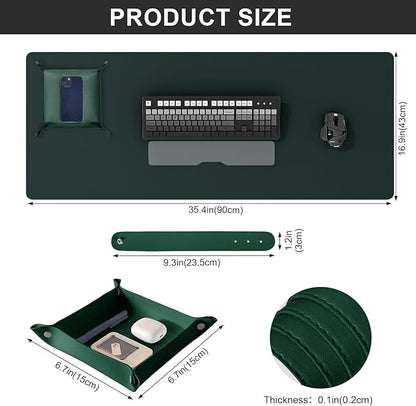 DAWNTREES Dark Green Desk Mat,Leather Desk Pad,35.5"x17",Cork Desk Mat Protector,with PU Leather Valet Tray Organizer,Large Mouse Pad,Desk Writing Pad for Office and Home