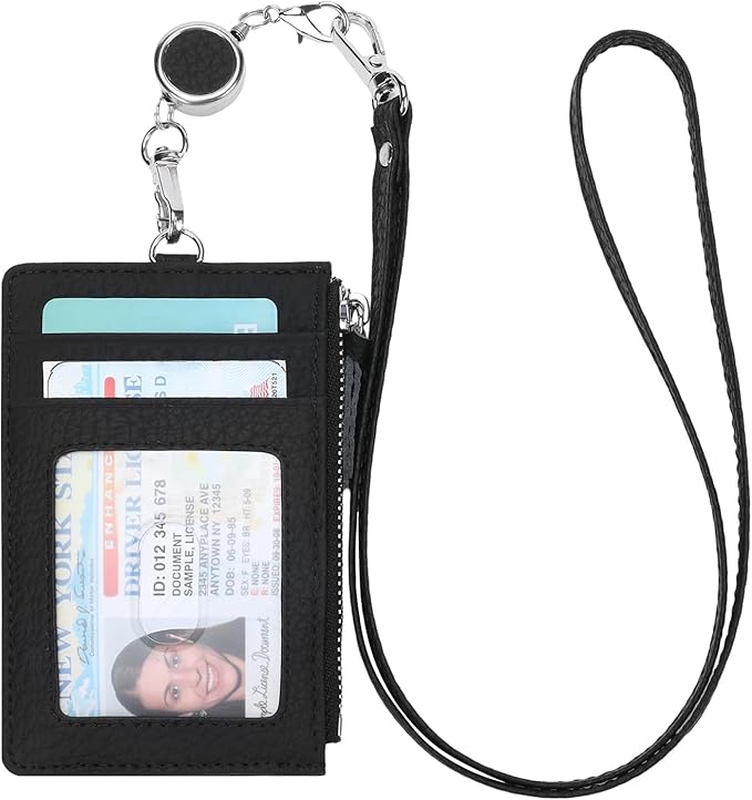 SENDEFN Retractable Badge Holder Wallet, Genuine Leather ID Card Holder with Removable Neck Lanyard Clasp, Five Card Slots, for Office Staff Women