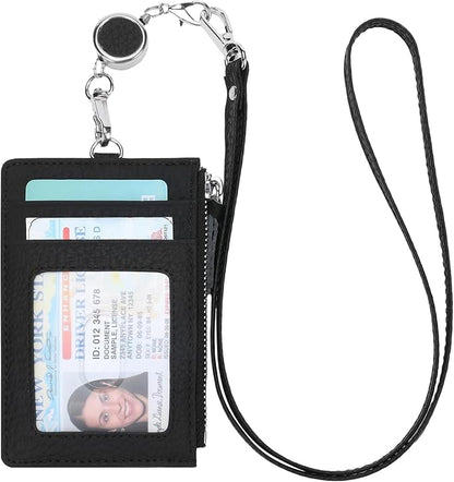 SENDEFN Retractable Badge Holder Wallet, Genuine Leather ID Card Holder with Removable Neck Lanyard Clasp, Five Card Slots, for Office Staff Women