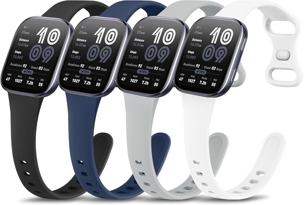 Vancle 4 Pack Slim Silicone Watch Bands for Amazfit Bip 6/Bip 5, GTR 4/ GTR 3/3 Pro/GTR 2/2e/GTR 47mm/Balance Watch Band Women Men, 22mm Sport Silicone Adjustable Strap