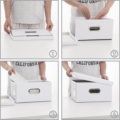 PRANDOM Collapsible Storage Box with Lid [3-Pack] Leather Fabric Foldable Storage Bin Organizer Container Basket Cube with Cover for Home Bedroom Closet Office Nursery White(13.6x9.6x6.9)
