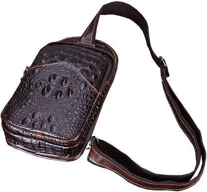 Hebetag Crocodile Genuine Leather Sling Crossbody Bag for Men Travel Outdoor Hunting Hiking Camping Shoulder Chest Pack Backpack Daypack Coffee