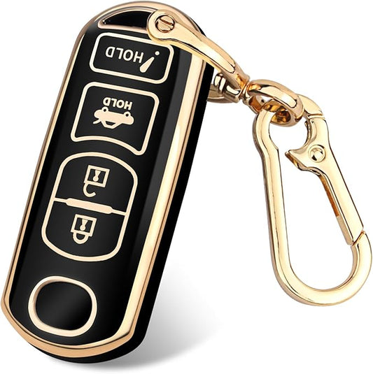 FT FUNTOR for Mazda Key Fob Cover,4 Buttons TPU Key Cover with Golden Edge,Compatible with Mazda 3 6 8 CX-3 CX-5 CX-7 CX-9 Atenza Miata MX-5 with Keychain (A-Black)