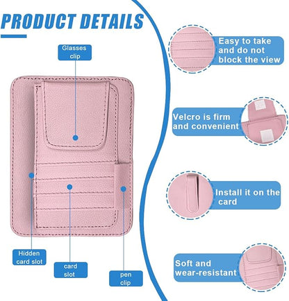 Small Leather Car Sun Visor Organizer - Multifunctional Car Interior Sunglass Holder Auto Visor Document Holder - Auto Card Sleeve Pocket Pouch Organizer for Driving License Registration Pen (Pink)