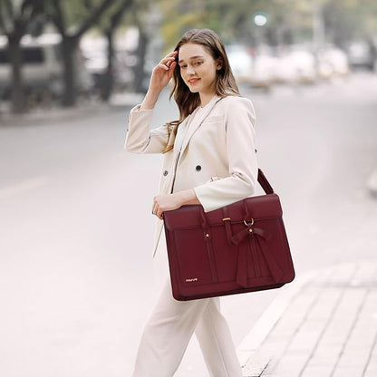 MOSISO Laptop Bag for Women, 17 inch PU Leather Laptop Shoulder Bags Convertible Backpack, 17.3 inch Messenger Bags Casual Handbag Work Briefcase Travel Computer Bag with Bowknot, Wine Red