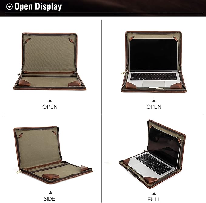 Top Grain Leather 14.2" Slim Laptop Zipper Folio Case Bag, Vintage Design & 2 Pockets, Handmade, Compatible with MacBook Pro 14" 2021 2022 M1 Pro/M1 Max A2442 & Other PC, Brown 14.2 Inch