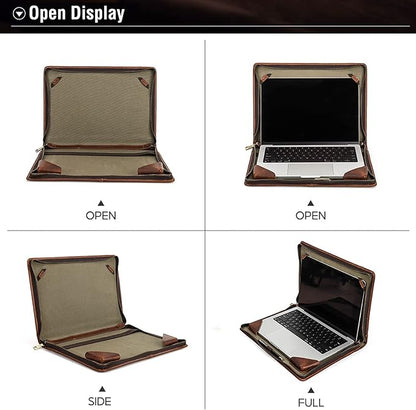 Top Grain Leather 14.2" Slim Laptop Zipper Folio Case Bag, Vintage Design & 2 Pockets, Handmade, Compatible with MacBook Pro 14" 2021 2022 M1 Pro/M1 Max A2442 & Other PC, Brown 14.2 Inch
