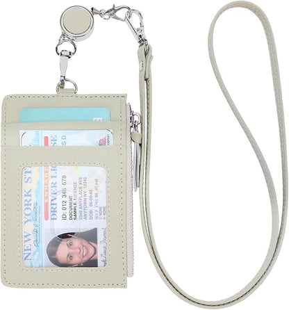 SENDEFN Retractable Badge Holder Wallet, Genuine Leather ID Card Holder with Removable Neck Lanyard Clasp, Five Card Slots, for Office Staff Women